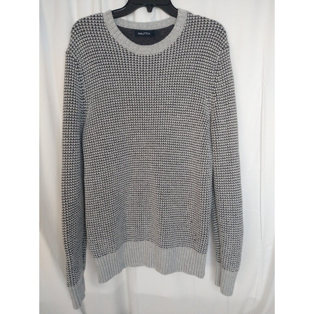 Nautica Gray Waffle Knit Crew Neck Long Sleeve Sweater Size L chunky preppy cozy